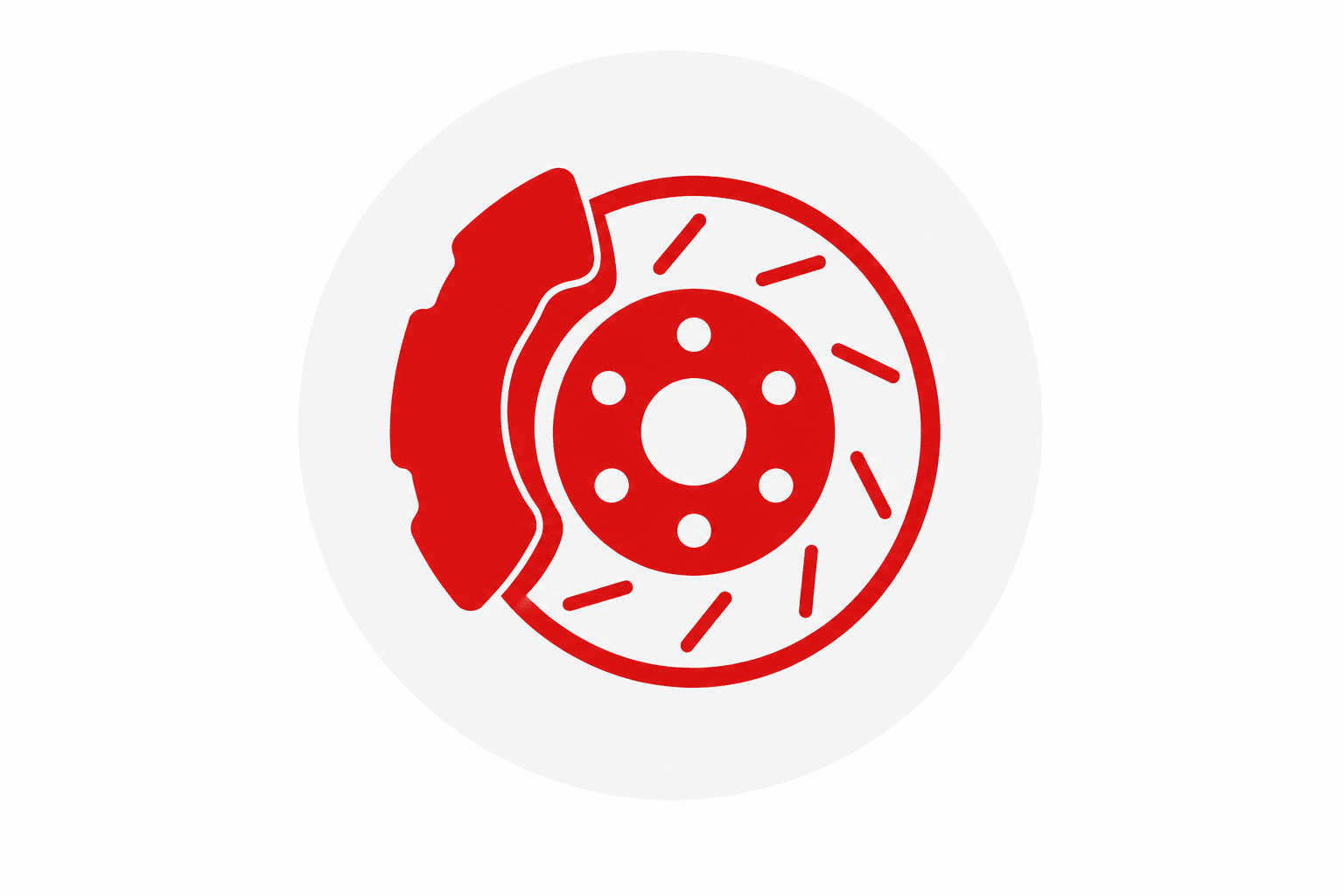 A red car brake disc and caliper icon, shown with slotted markings, on a white circular background.
