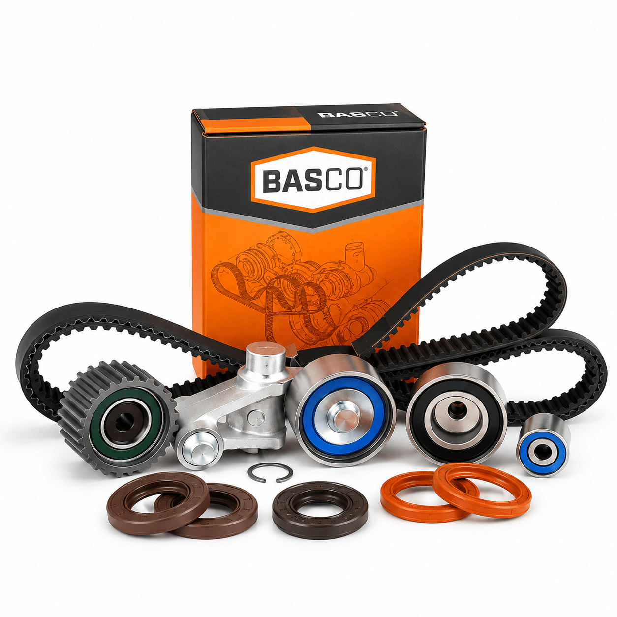 A BASCO-branded timing belt kit with a belt, gears, seals, tensioners, and a branded orange and black box displayed against a white background.