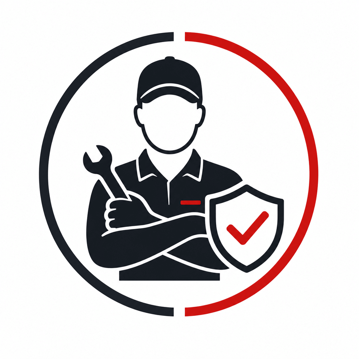 Icon of a faceless person in uniform holding a wrench, arms crossed, with a shield featuring a checkmark. The figure is inside a black and red circular border, symbolizing security and reliable service.