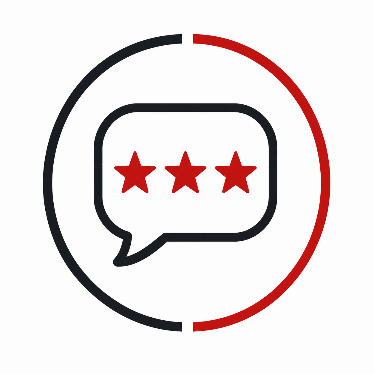 A speech bubble with three red stars inside is centered within a black and red circular outline on a white background.