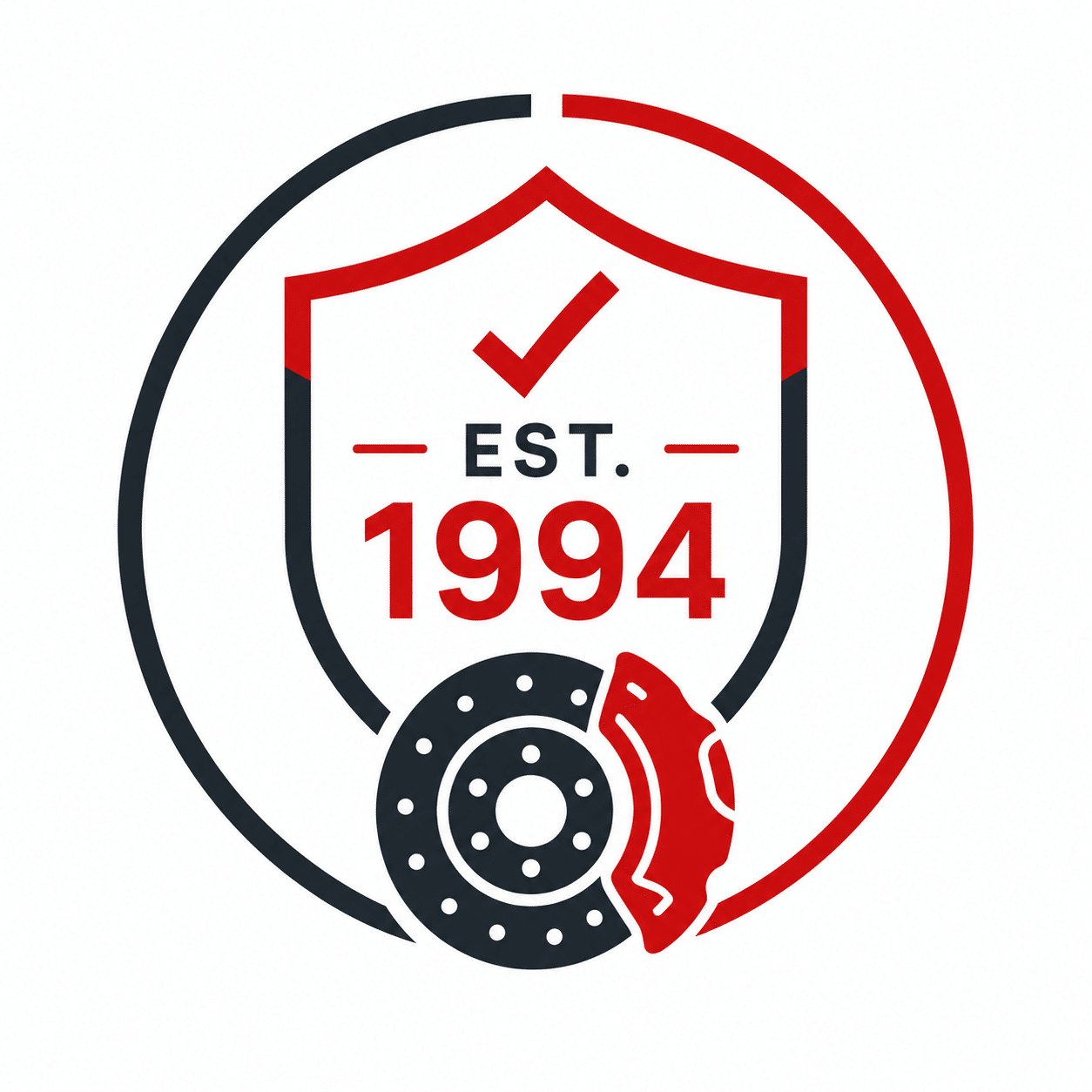 A logo features a shield with “EST. 1994” and a red check mark inside. A brake disc and caliper are at the bottom, all encircled by a red and black half-outline.