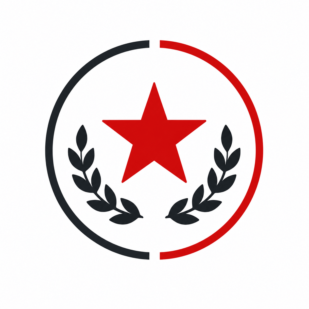 A red star in the center, flanked by black laurel branches, all enclosed in a circular outline that is half black and half red, on a white background.