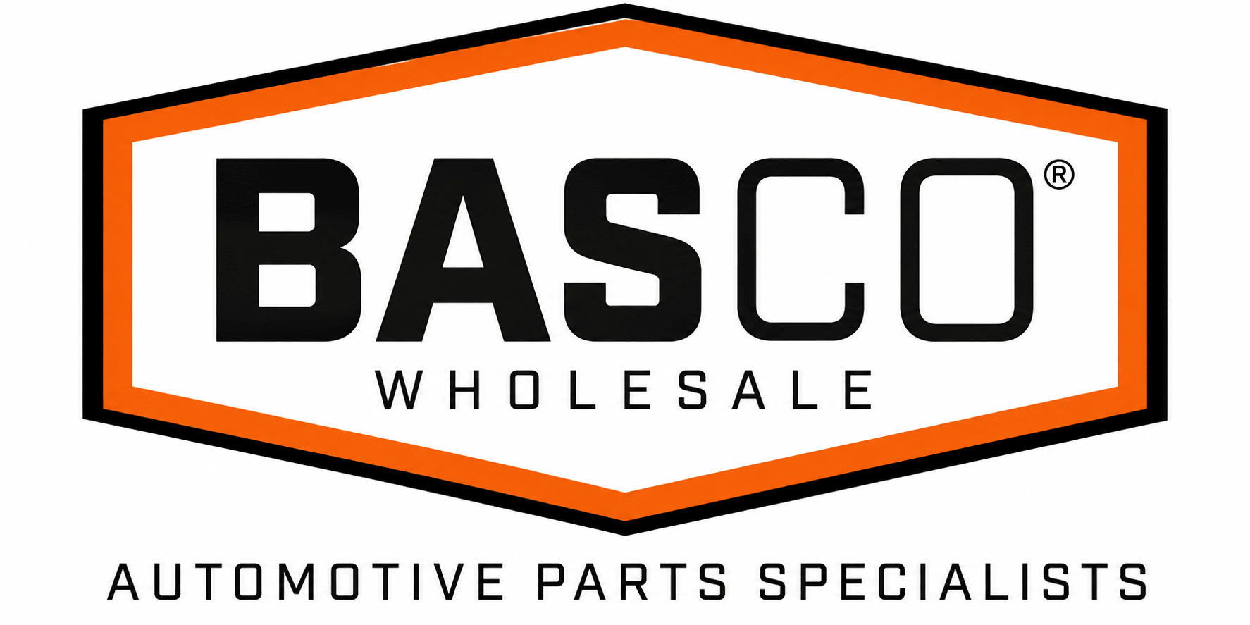 Logo for BASCO Wholesale, featuring bold black text inside an orange-bordered hexagon, with the tagline "Automotive Parts Specialists" written below in uppercase black letters.