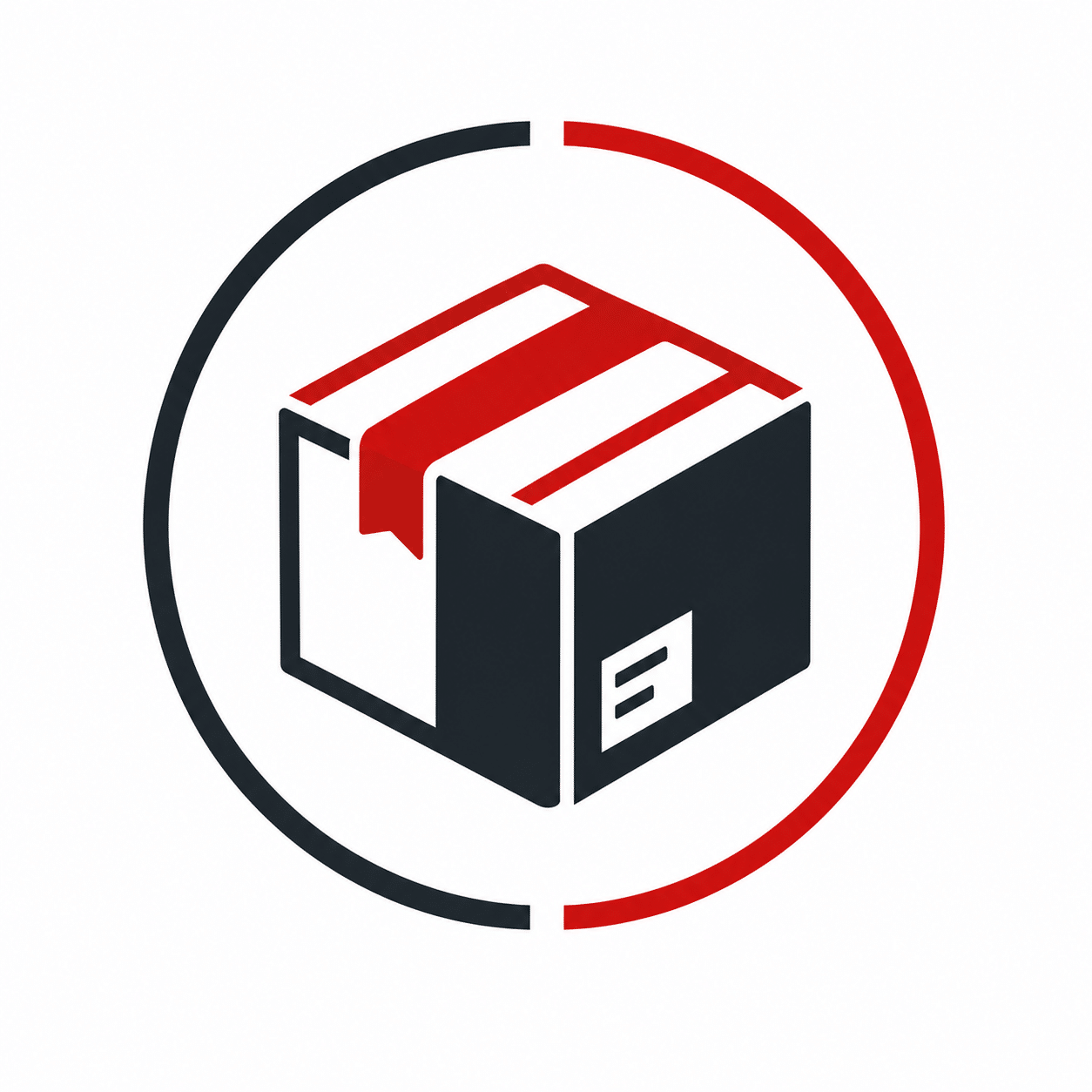 A black and red graphic of a cardboard box with tape, surrounded by a partial circular border, on a white background.