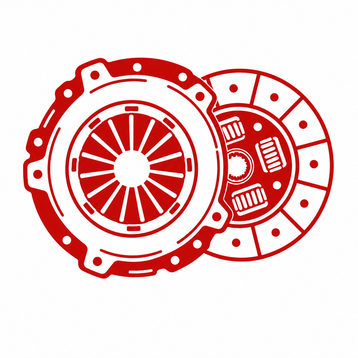 Red and white illustration of a car clutch assembly, showing a pressure plate and clutch disc with visible springs and gear teeth, on a plain white background.