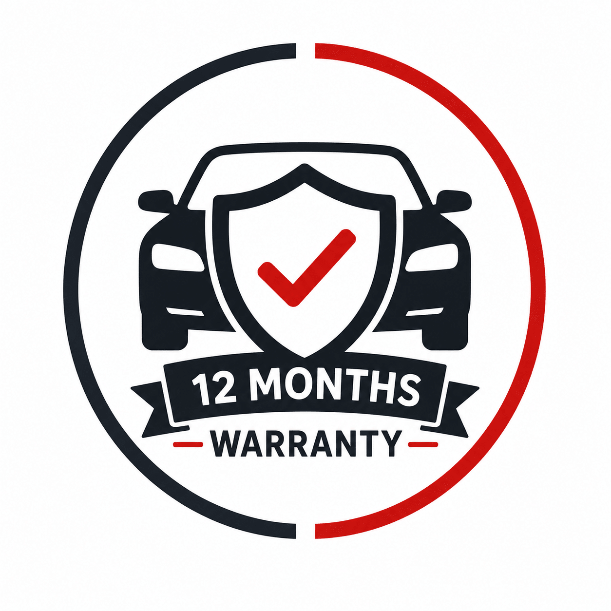 A car with a shield and checkmark, ribbon below reads “12 Months Warranty.” The graphic is enclosed in a black and red circular border.