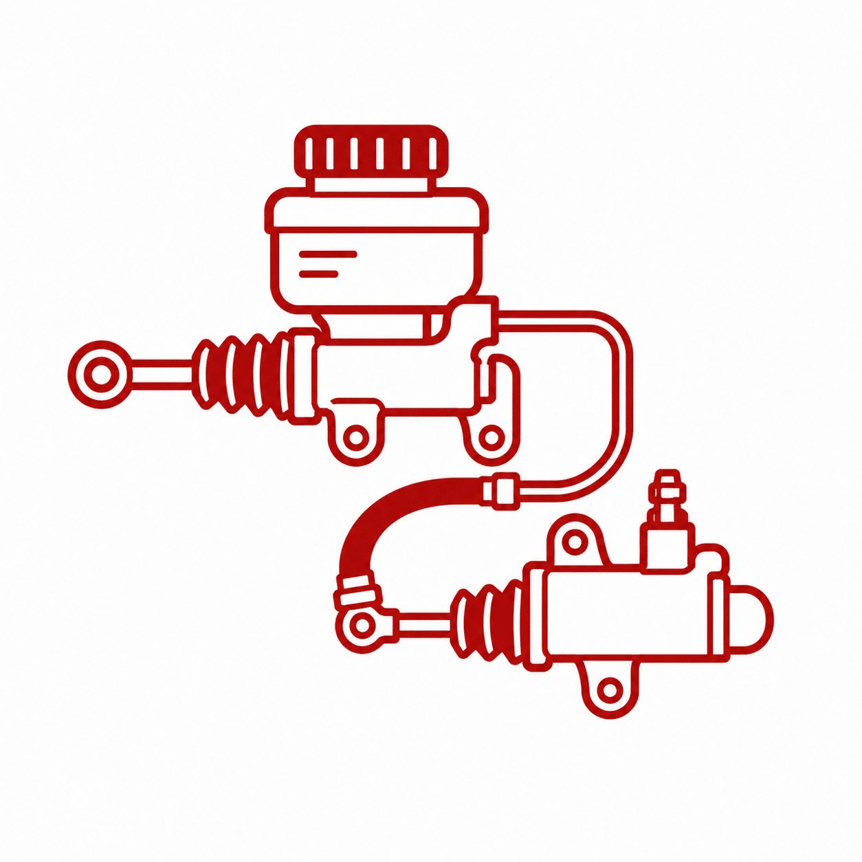 Red line drawing of a hydraulic clutch system showing a master cylinder connected by a hose to a slave cylinder, both with mounting points and rubber boots, on a white background.