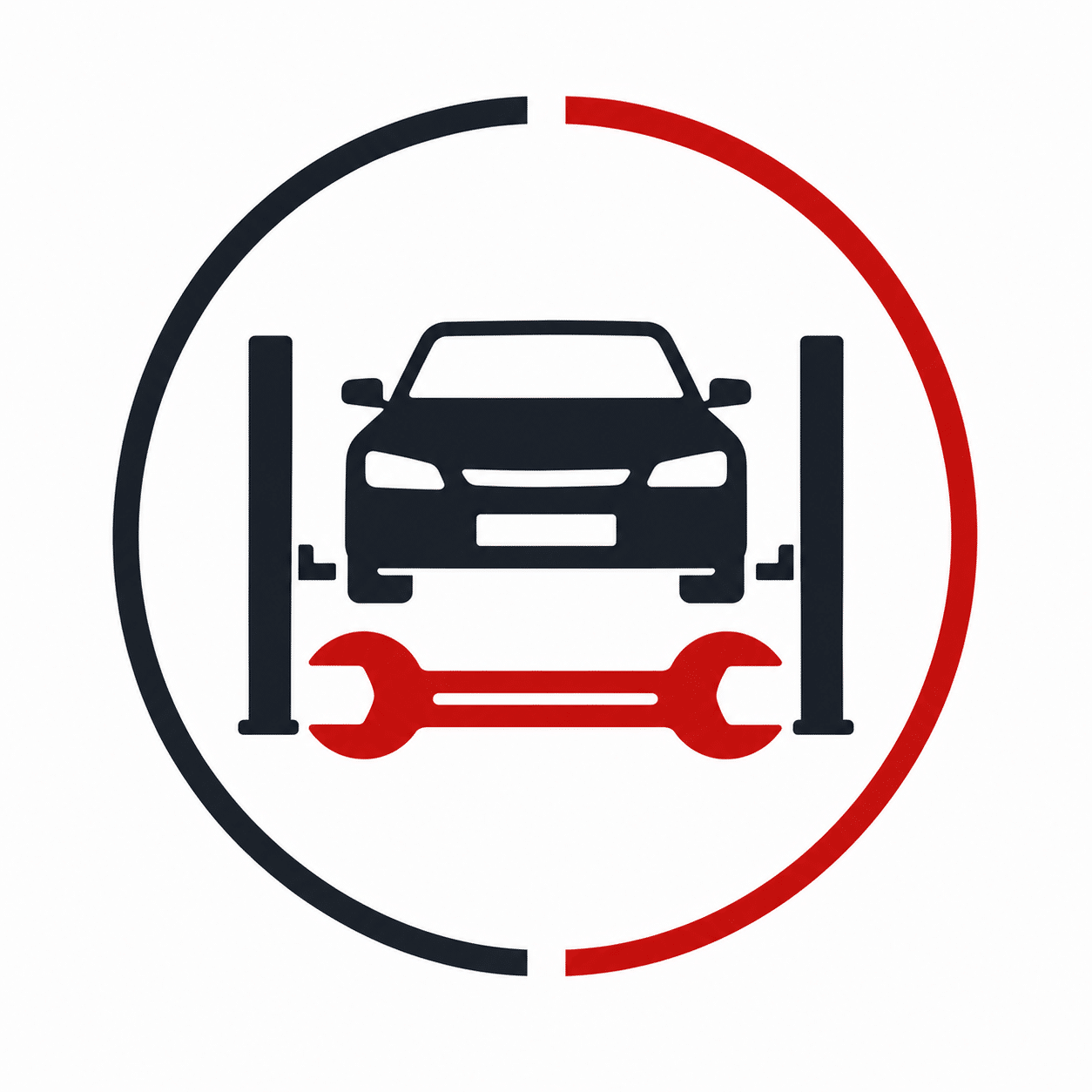 A car on a lift with a wrench below it, surrounded by a half black, half red circular border, symbolizing auto repair or car maintenance services.