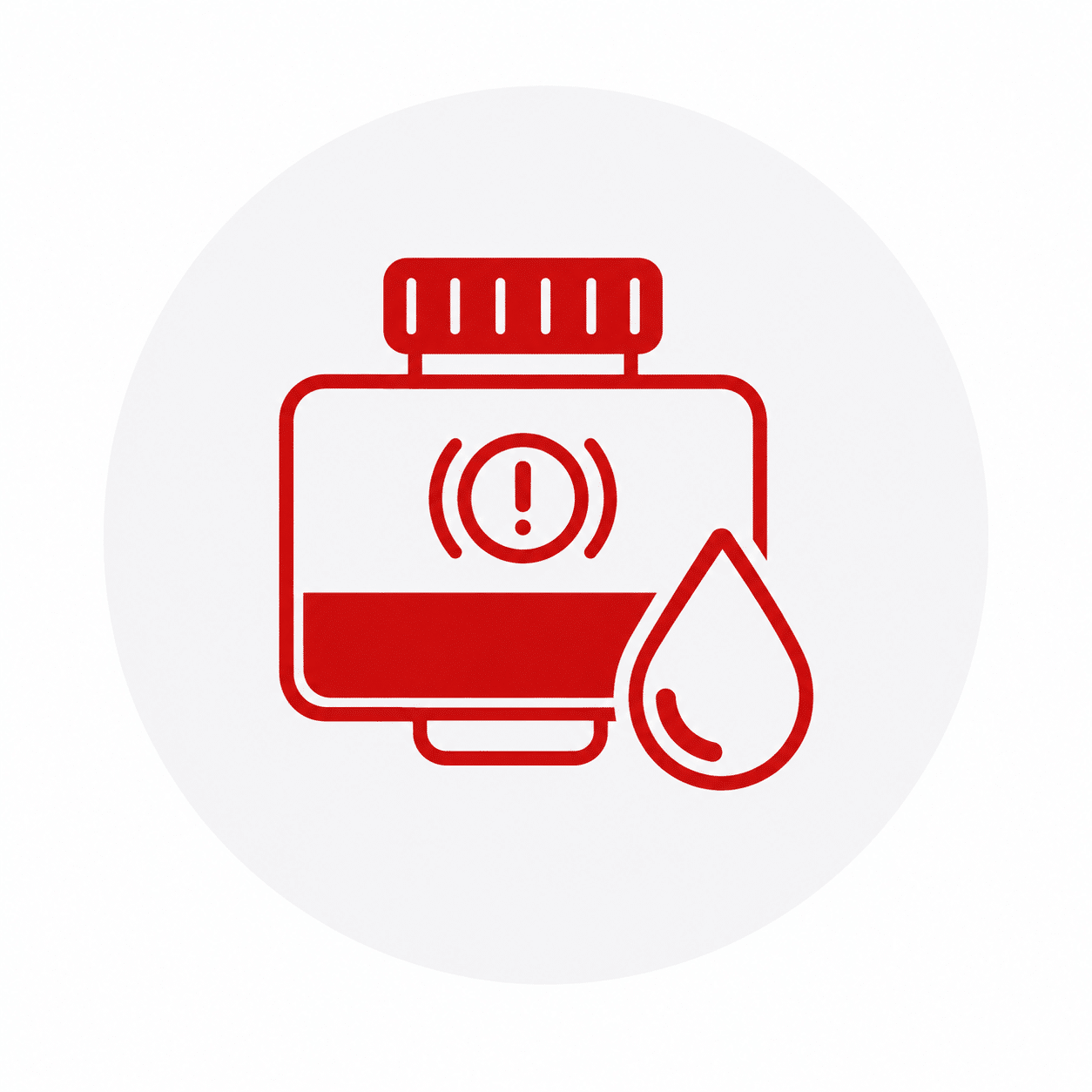 Red icon of an oil container with an exclamation mark and a drop symbol, indicating a warning or alert related to oil, such as low oil level or oil change needed.