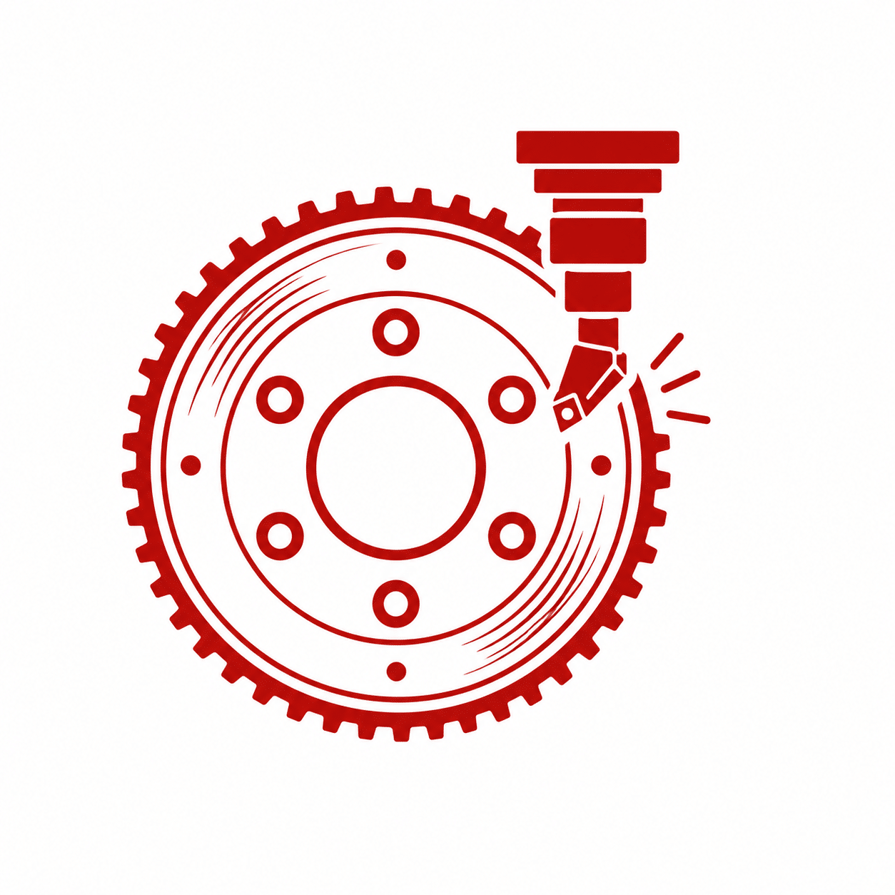 Red illustration of a gear being cut or engraved by a mechanical tool, highlighting sparks at the point of contact, symbolizing industrial machining or manufacturing processes.