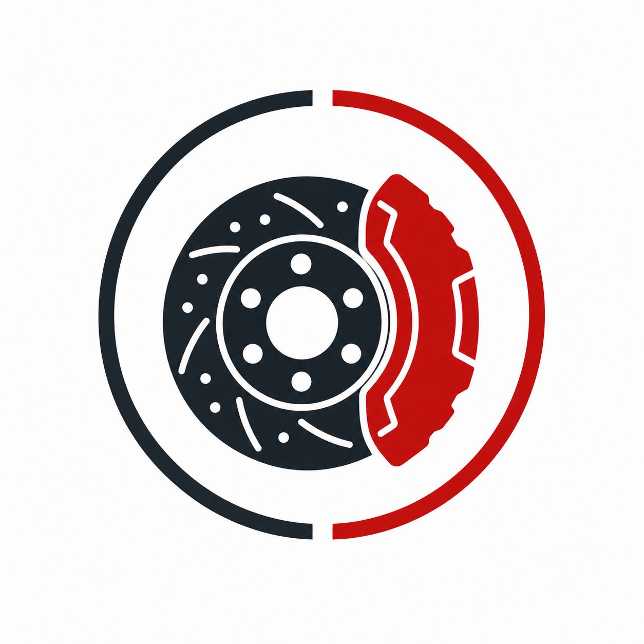Stylized icon of a car brake disc and red caliper, half-encircled by black and red lines on a white background.