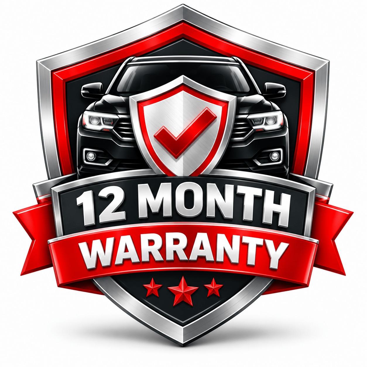 Silver and red shield emblem featuring a black SUV, a checkmark icon, and the text “12 MONTH WARRANTY.”