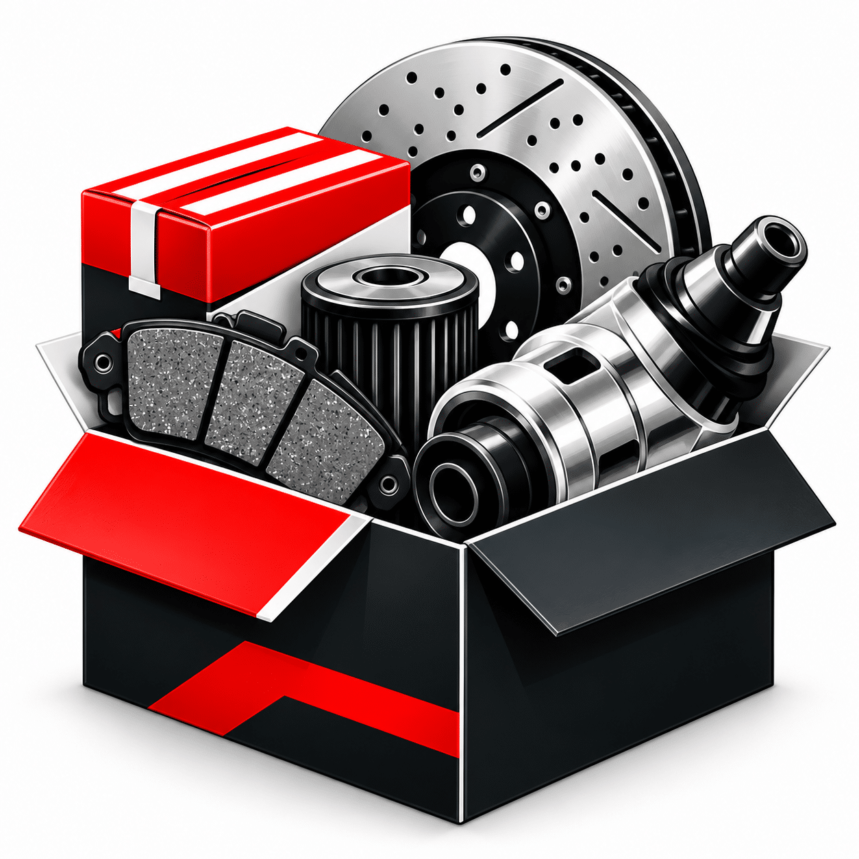 An open cardboard box containing a vehicle brake rotor, a brake pad, an oil filter, and a mechanical component.