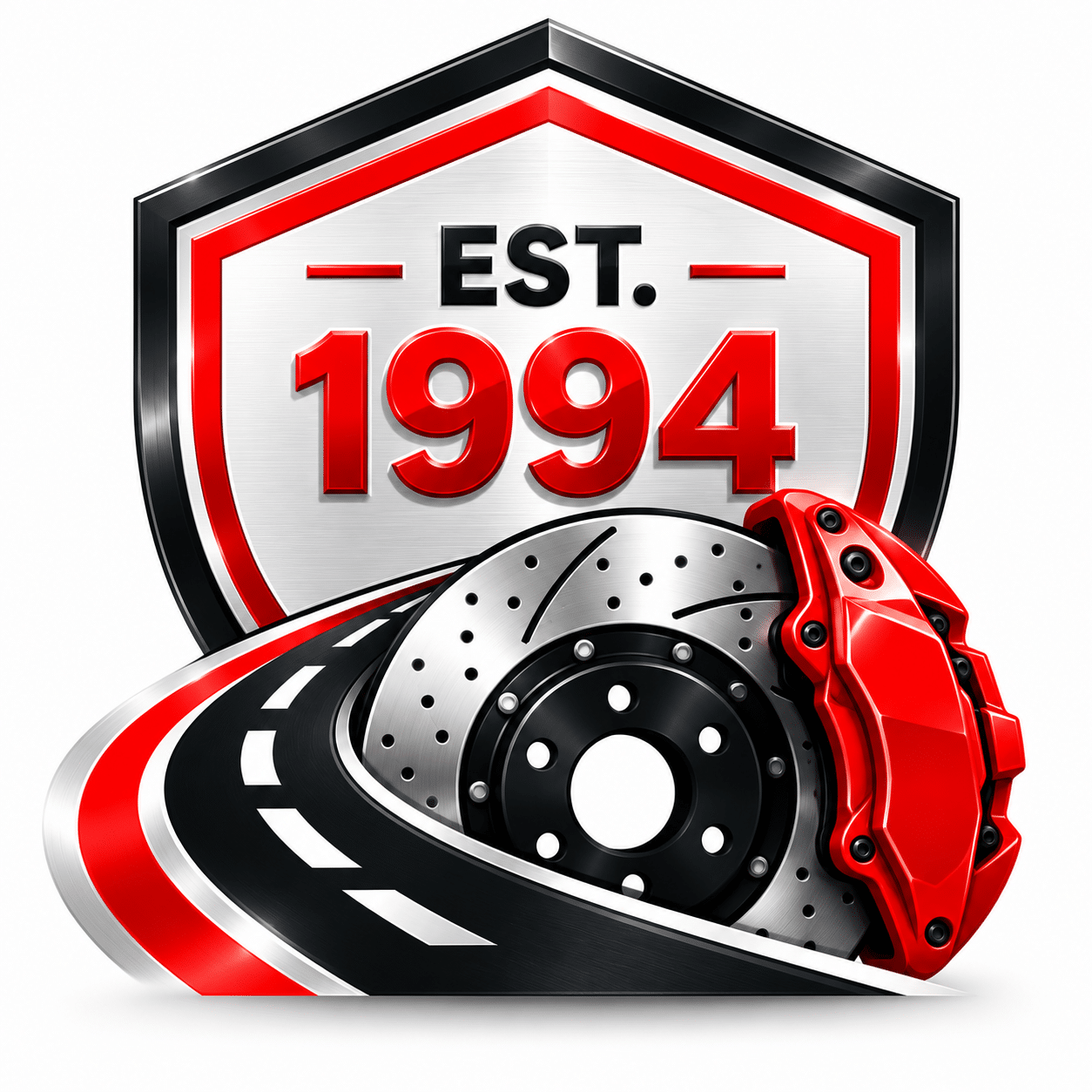 A crest with the text “EST. 1994” positioned above a car brake rotor with a red caliper and a section of curved asphalt road.