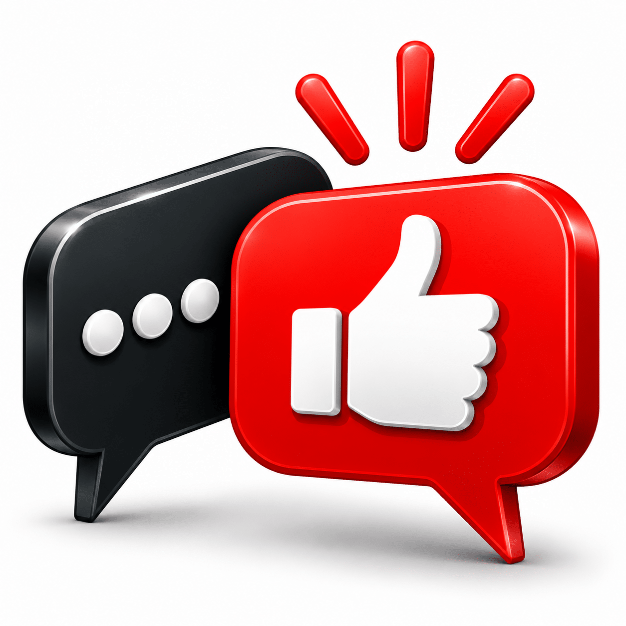 A black speech bubble with three dots next to a red speech bubble featuring a white thumbs-up icon.