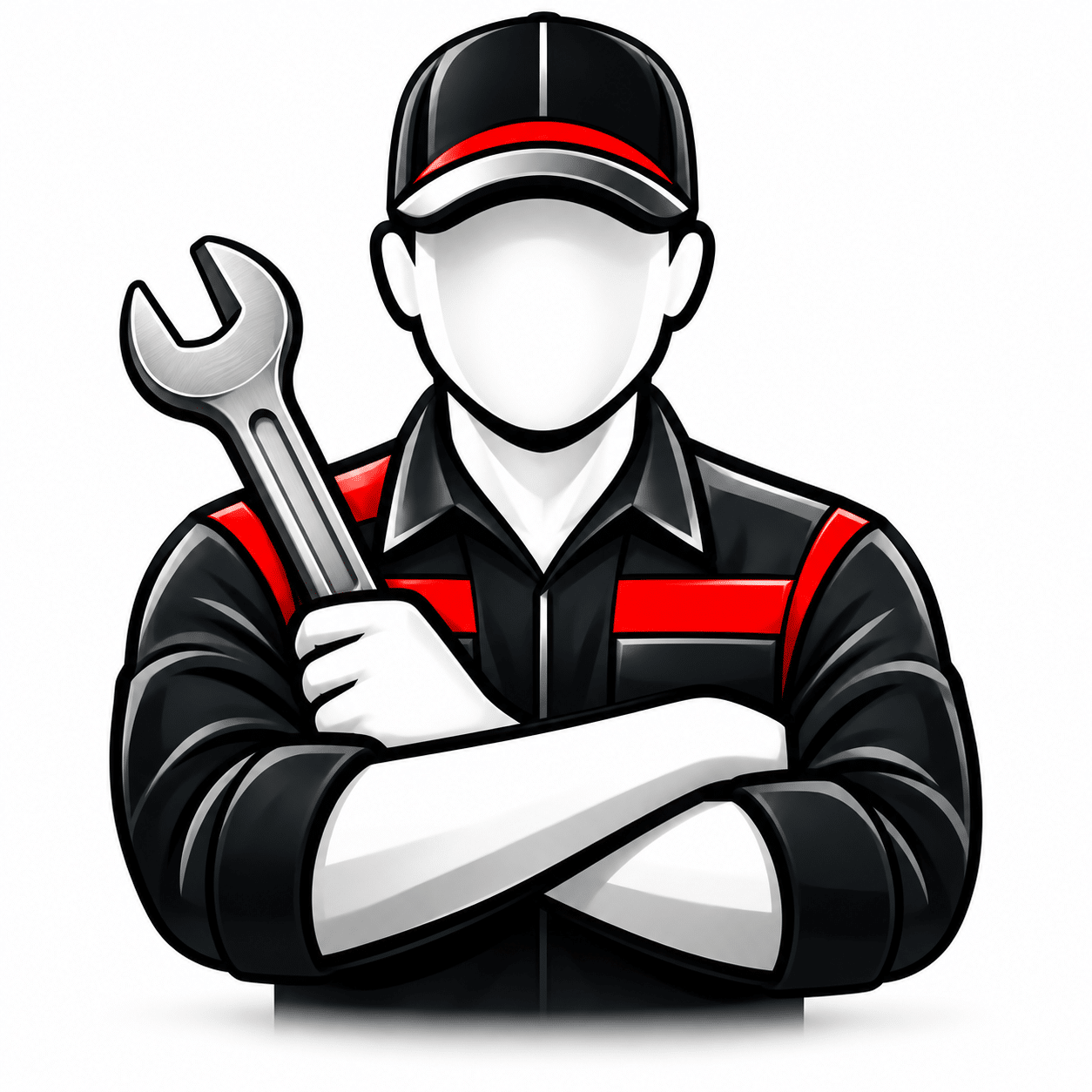 An illustration of a mechanic in a black uniform and cap, holding a wrench with arms crossed.