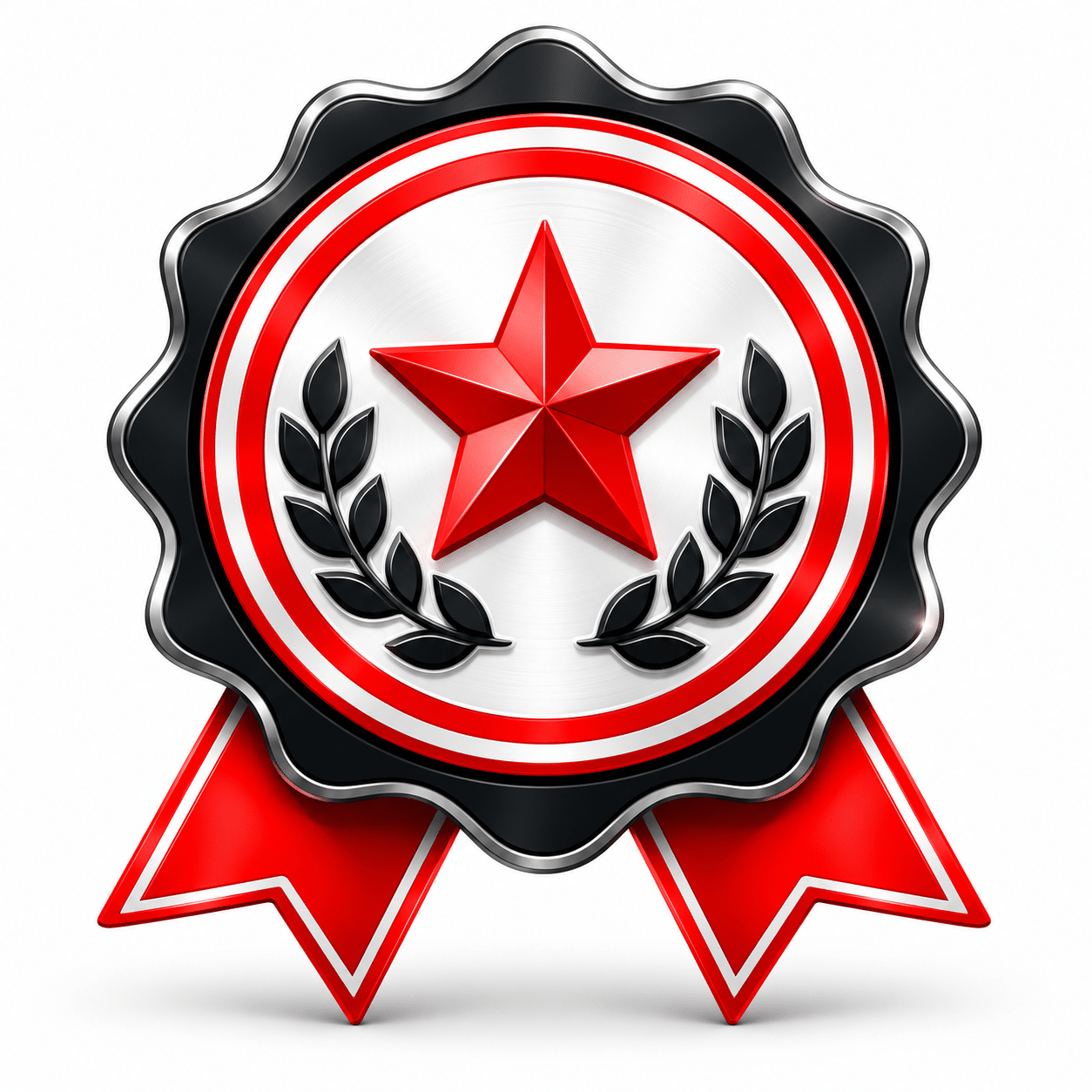 A circular award badge featuring a red star and black laurel branches on a white and red background, with two red ribbons hanging below.