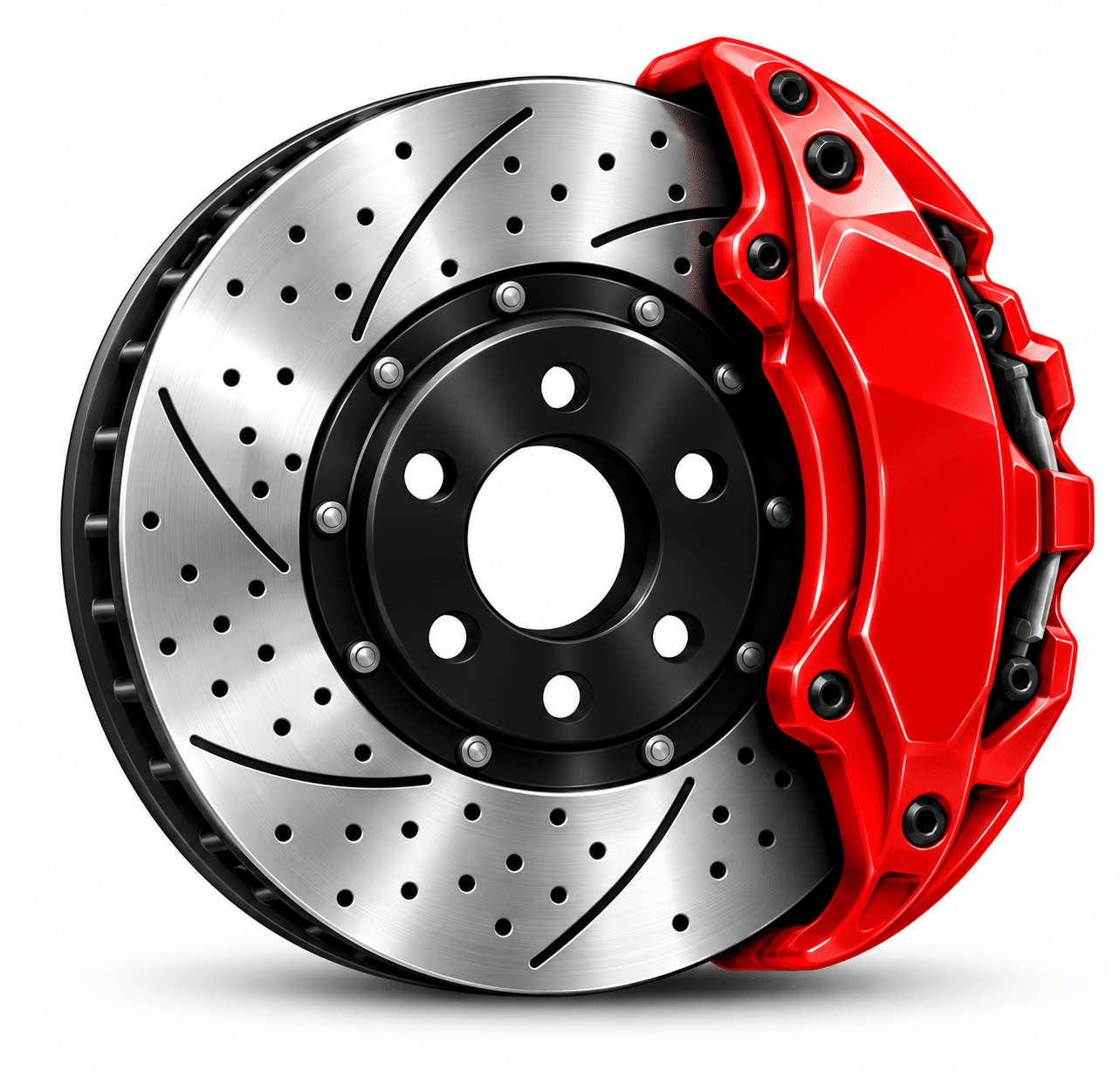 A ventilated car brake disc with a large red brake caliper.