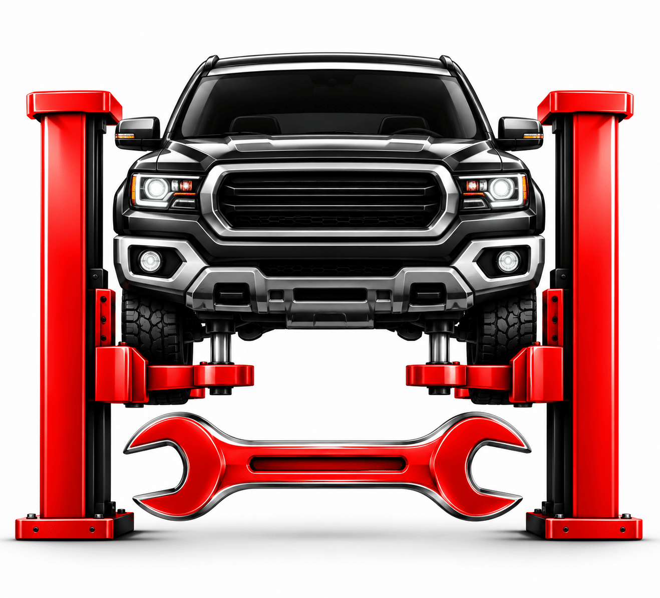 A black pickup truck raised on a red two-post automotive lift above a large red wrench.